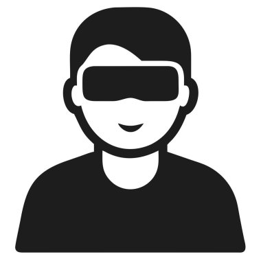 Sanal gerçeklik gözlüğü takan, gülümseyen bir kişinin siyah siluet simgesi. Net detaylar ve canlı renkler görsel cazibeyi artırır.