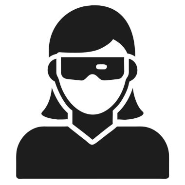 Büyük fütüristik gözlük ve maske takan bir kadının siyah beyaz ikonu. Net detaylar ve canlı renkler görsel cazibeyi artırır.