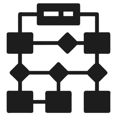 Kareler, elmaslar ve birbirine bağlı çizgilerle bir akış şemasını temsil eden siyah beyaz bir simge. Net detaylar ve canlı renkler görsel cazibeyi artırır.