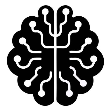 Beyaz devre kartı çizgileri ve beyaz arka planda düğümleri olan siyah bir beyin. Net detaylar ve canlı renkler görsel cazibeyi artırır.