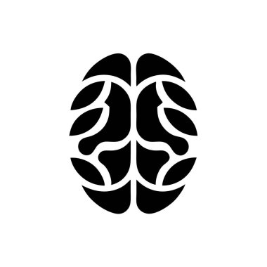 Yukarıdan bakıldığında siyah stilize edilmiş bir beyin, beyaz arka planda segmentli loblar ve iç yapıyı gösteriyor..