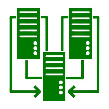 Ağ diyagramında beyaz üzerine çizgiler ve oklar bağlanmış üç yeşil sunucu kulesi tasvir edilmiştir. Ayrıntıları temizle ve canlı renkler görüntüyü güçlendir ...