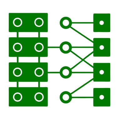 Beyaz arkaplan üzerinde veri akışını veya ağ bağlantılarını gösteren birbirine bağlı yeşil düğümler ve kareler
