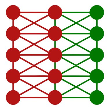 Kırmızı ve yeşil düğümlü sinirsel ağ katmanlarını gösteren renkler. Ticari kullanım için uygun yüksek çözünürlüklü resim.