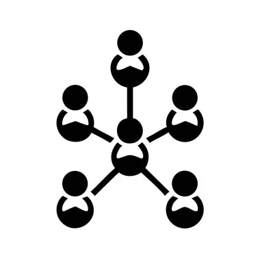 Siyah simge, merkezi bir daireyi betimliyor, her biri stilize edilmiş insan figürüne sahip beş küçük daireye bağlı..