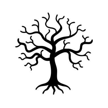 Dıştan yayılan yapraksız dalları olan çıplak bir ağacın siyah silueti. Net detaylar ve canlı renkler görsel cazibeyi artırır.