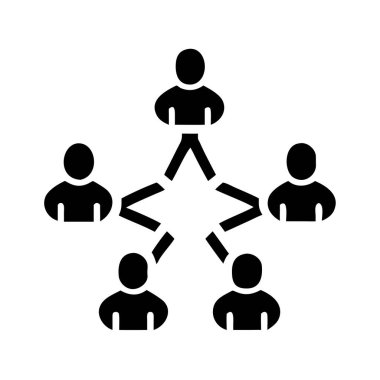 Beyaz arkaplanda yıldız benzeri bir ağ yapısına bağlı beş kişiyi gösteren siyah bir simge.