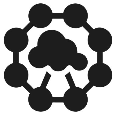Dairesel çemberler ağının merkezinde bir bulut tasvir eden siyah bir ikon. Net detaylar ve canlı renkler görsel cazibeyi artırır.