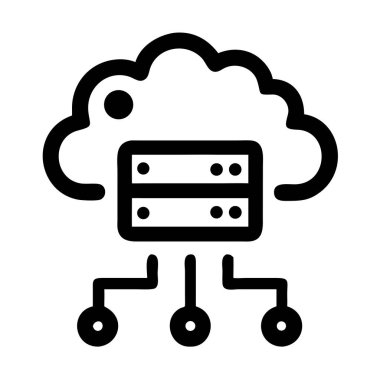Üç dairesel düğüme bağlanan çizgilerle bir sunucu rafını çevreleyen bir bulut biçimini gösteren siyah bir ana hat simgesi.