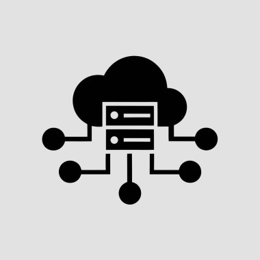 Bir sunucu ile bulut hesaplamasını temsil eden siyah bir simge ve gri arkaplandaki bağlı düğümler. Ayrıntıları temizle ve canlı renkler görsel a 'yı güçlendir...