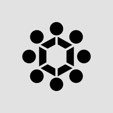 Açık gri arkaplanda altı daireyle çevrili merkezi bir altıgen içeren siyah soyut geometrik tasarım.