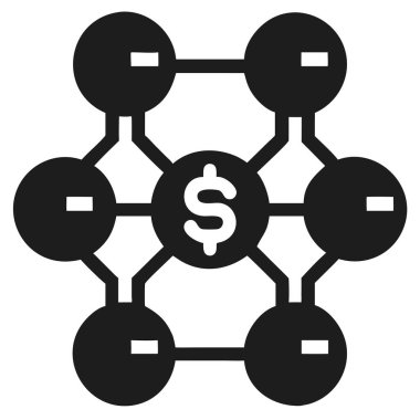 Siyah simge, merkezi dolar işaretine bağlı bir daire ağını gösteriyor, finansal bağlantıları temsil ediyor.