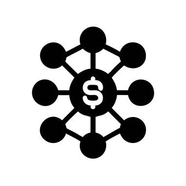 Merkezi dolar işareti sekiz dairesel düğüme bağlıdır, finansal bağlantıları temsil eden bir ağ şeması oluşturur.