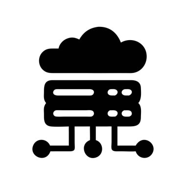 Üst üste dizilmiş sunuculara bağlı bir bulutun siyah simgesi, bulut hesaplama ve veri ağlarını temsil eder.