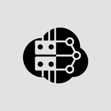 Birbirine bağlı düğümleri ve sunucu blokları olan bir bulut şeklini tasvir eden siyah soyut bir simge. Ayrıntıları temizle ve canlı renkler görsel a 'yı güçlendir...