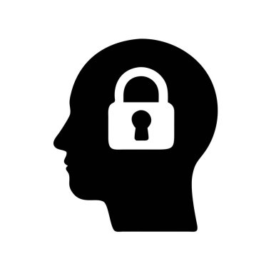 Kafasının içinde beyaz asma kilit ikonu olan siyah bir kafa profili. Net detaylar ve canlı renkler görsel cazibeyi artırır.