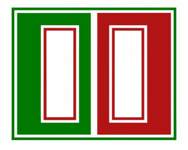 İki komşu dikdörtgen, solda yeşil ve sağda kırmızı, her birinin beyaz bir iç dikdörtgeni var..