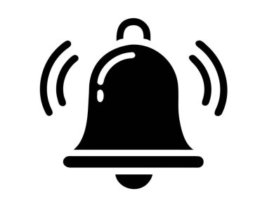 Beyaz arkaplanda bir simge olarak sunulan, ışık saçan ses dalgalarıyla çalan bir zilin siyah silüeti..