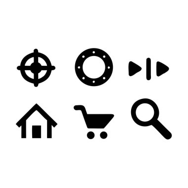 Bir hedef, dairesel desen, oyun / duraklatma düğmeleri, bir ev, bir alışveriş arabası ve...