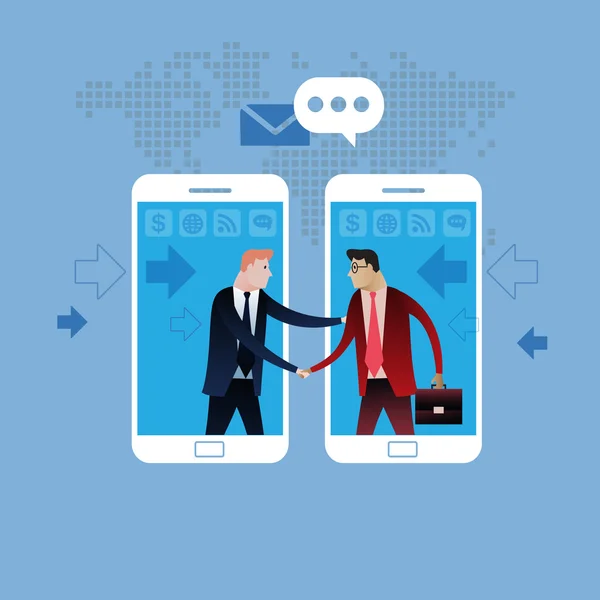 Cep telefonu üzerinde anlaşma. Karşılıklı iki iş adamları cep telefonu arka plan ile. Satır anlaşma üzerinde. İş kavramı illüstrasyon vektör klip sanat tasarım