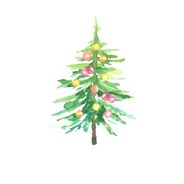 Isolato Sfondo Bianco Acquerello Verde Albero Natale Decorato Con Palline — Foto Stock