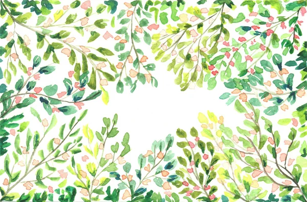 Abstraktní Akvarelové Větve Stromů Květinami Tvořící Rámeček Prostorem Pro Text — Stock fotografie
