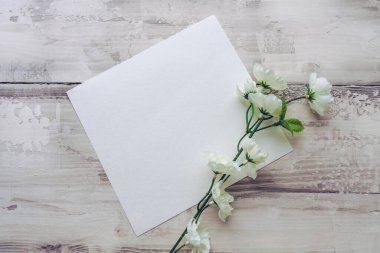 Çiçek açan beyaz çiçeklerle süslenmiş boş beyaz kare kağıtlar.