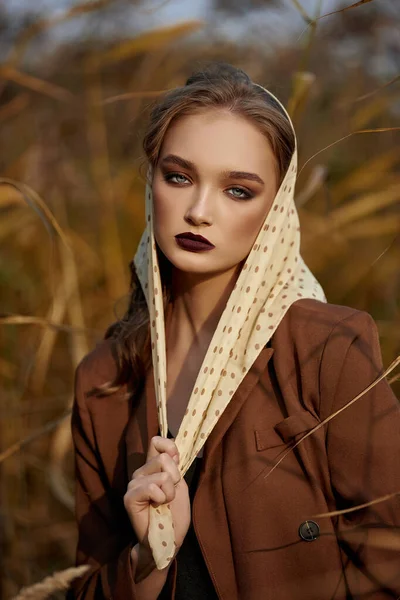 Portrait Beautiful Fashion Woman Thicket Autumn Grass — Stock Photo, Image