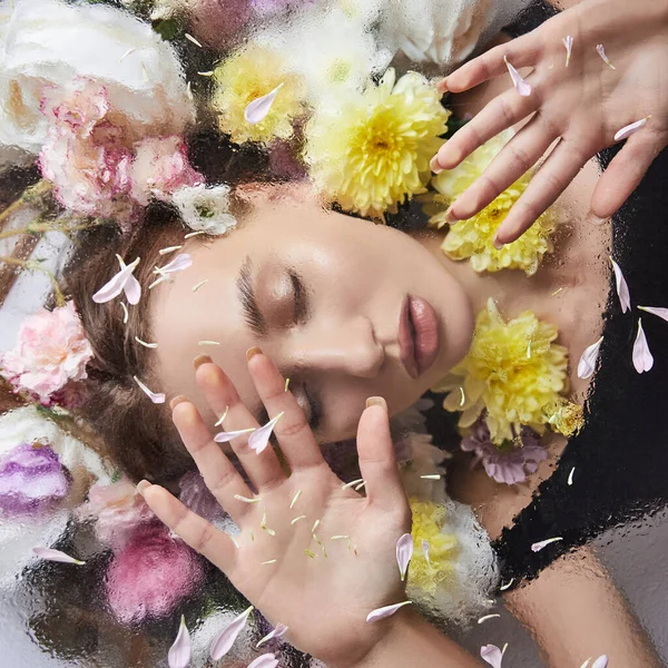 Beauty Portrait Woman Flowers Petals Glass Drops Rain Cosmetics Face — Stock Photo, Image