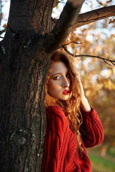 Giovane Donna Rossa Con Maglione Rosso Cammina Nel Parco Autunno — Foto Stock