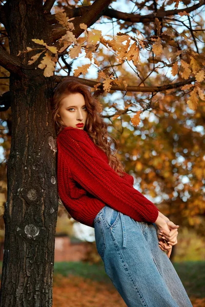 스웨터를 머리젊은 여성이 공원을 있습니다 여자의 — 스톡 사진