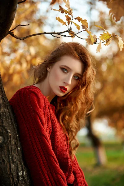 Giovane Donna Rossa Con Maglione Rosso Cammina Nel Parco Autunno — Foto Stock