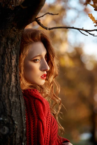 Vörös Hajú Fiatal Piros Pulóverben Sétál Parkban Őszi Szépség Portré — Stock Fotó