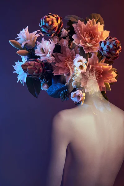 Красота Цветы Лицо Женщины Двойным Воздействием Портрет Девушки Неоновый Свет — стоковое фото