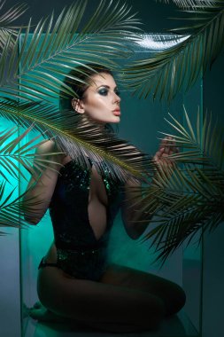 Palmiye ağacındaki tropik seksi kadın portresi. Parlak yeşil makyaj, kız yüzünde palmiye yapraklarının gölgesi. Güzel makyaj.
