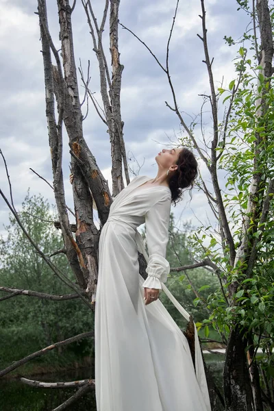 Yaşlı Kuru Ağaçta Beyaz Uzun Elbiseli Fantastik Peri Güzel Kadın — Stok fotoğraf