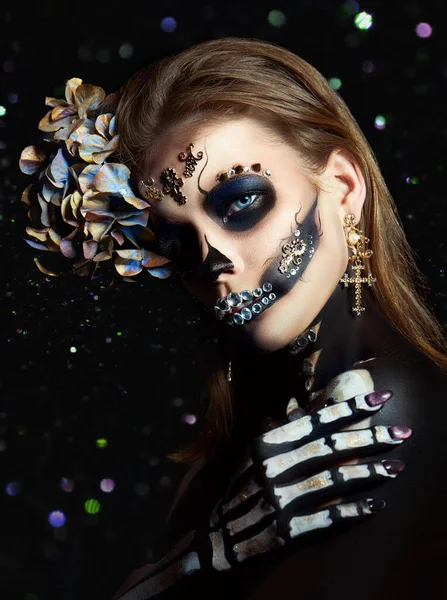 Halloween Beleza Esqueleto Mulher Maquiagem Rosto Bokeh Brilho Menina Morte — Fotografia de Stock