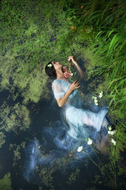 Güzel, romantik bir kadın, bataklıkta, mavi, uzun elbiseli, çiçekli bir şekilde yatıyor. Yüzeysel esmer, şeffaf elbiseli, bataklık çamur ördek otlu. Kitap kapağı