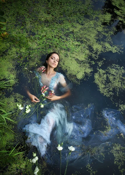 Art Belle Femme Romantique Trouve Dans Marais Robe Longue Bleue — Photo