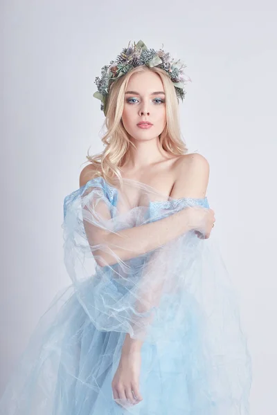 Charming Fairy Woman Blue Ethereal Dress Charath Head White Background — Stok Foto