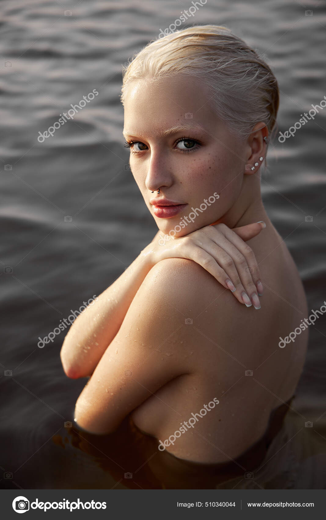 beauty blonde nude tits Nude Naked Sexy Woman Water Sunset Beautiful Blonde Woman Short — Stock Photo © angel_nt #510340044