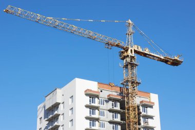 tall construction crane stands beside a multi-story building under development. crane is actively lifting materials against a bright, cloudless sky during daytime.