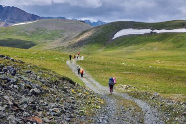 group of hikers makes their way along a winding trail in a lush valley surrounded by mountains. sky is partly cloudy, adding a dramatic backdrop to the scenery. Russia, Altai Mountains