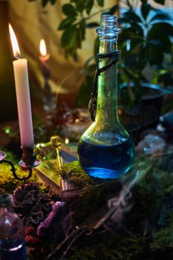 blue potion sits in a glass bottle on a moss-covered table. Flickering candles cast a warm glow, while plants add to the enchanting atmosphere of the space.