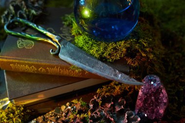 scene shows an old, dark book resting on green moss. Next to it, a shimmering blue potion and a sparkling purple crystal sit beside an ornate dagger, creating a magical atmosphere.