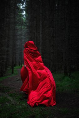 Kadın, yoğun, loş bir ormanda uzun kırmızı bir pelerinle örtülü bir şekilde yürürken görülüyor. Sis ağaçların arasına çöktüğünde atmosfer mistik bir hal alıyor. Büyüleyici bir manzara yaratıyor..
