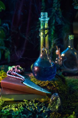 Mavi bir sıvıyla dolu cam şişe hafif bir duman yayar. Yosun kaplı bir yüzeyde, büyülü eserler, taşlar ve bir kitapla çevrili, hepsi yumuşak yeşil ışıkla aydınlatılmış..