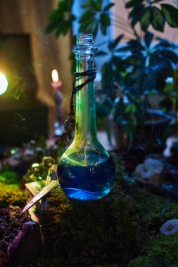 Mavi sıvıyla dolu büyüleyici cam şişe yosunların üzerinde duruyor. Yumuşak mum ışığı ve yeşillik akşam saatlerinde büyüleyici bir atmosfer yaratır..