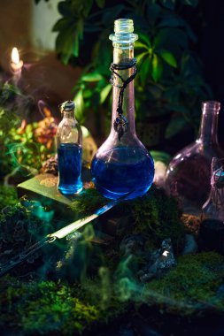 Mavi iksirler canlı yosun ve mumlarla çevrili bir masada otururlar. Sahne sıcak bir ışıltıyla aydınlatılır, iksir yapımı için mükemmel sihirli bir atmosfer yaratır..