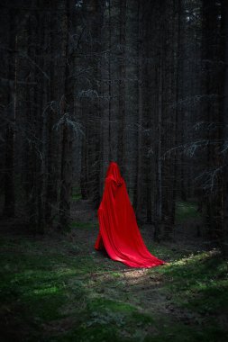 Issız bir figür parlak kırmızı bir pelerinle örtülmüş sık, karanlık bir ormanda uzun ağaçlarla çevrili bir şekilde geziniyor. Toprak yumuşak yeşil yosunlarla kaplı ve dallardan süzülen sessiz ışık filtreleri.